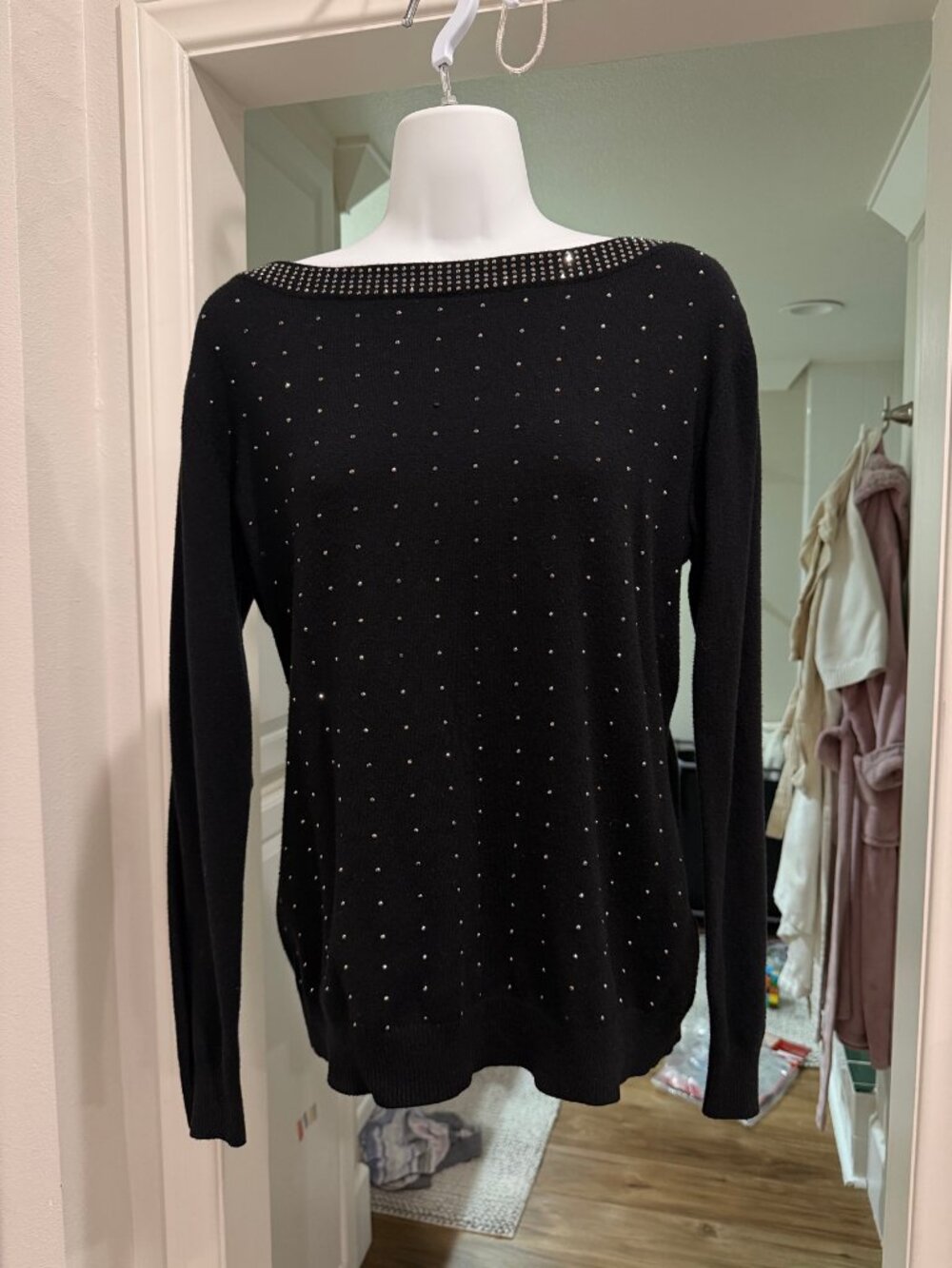 Liquid by Alexa Black Rhinestone Sweater Petite XL Wool Blend